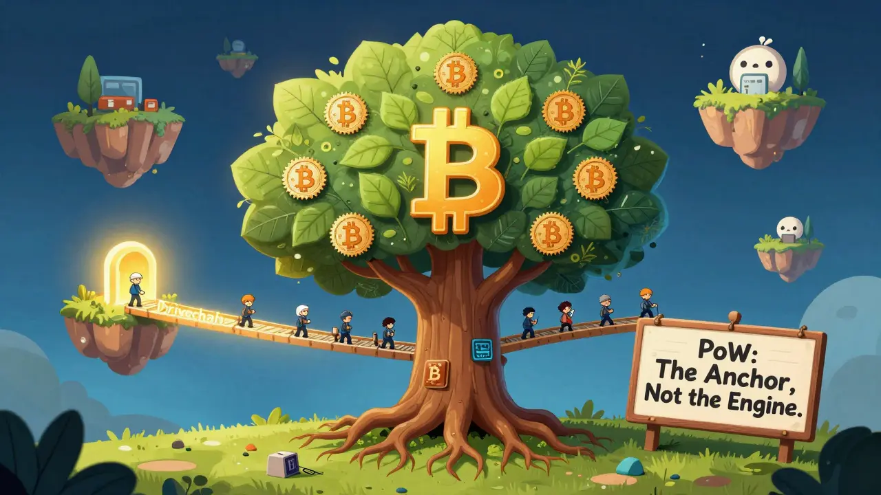 A wise Bitcoin tree with hardware roots sends a glowing bridge to floating PoS islands, labeled 'Drivechain,' as a sign calls it 'The Anchor, Not the Engine.'