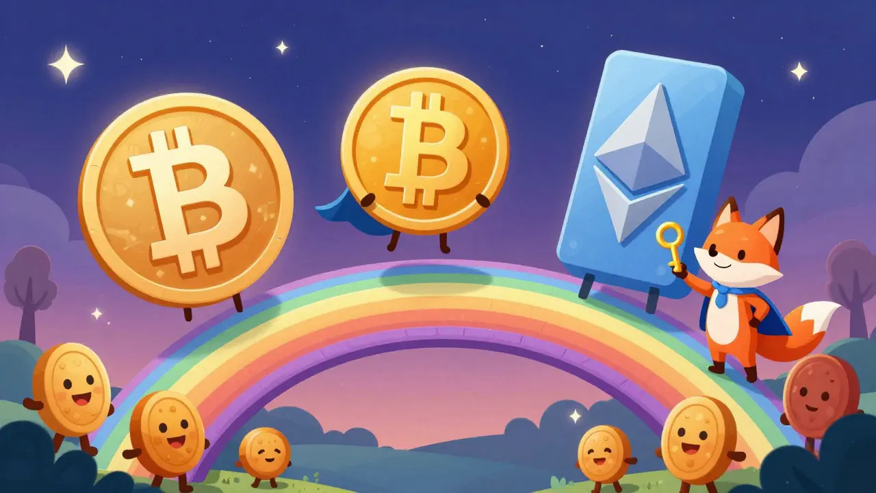 A wrapped Bitcoin token crossing a bridge between two blockchains, guided by a custodian fox.