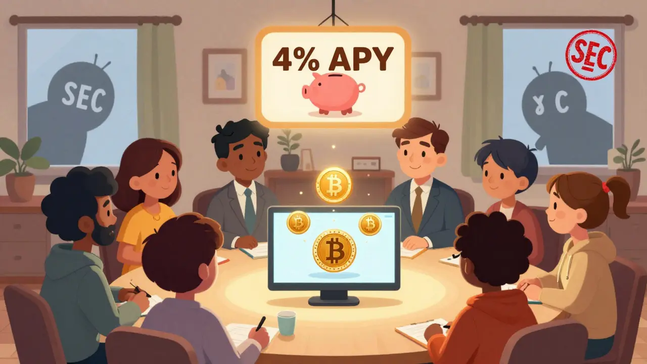 Adults gathered around a glowing app screen showing stocks and crypto together, with a smiling piggy bank and a shadowy SEC figure outside the window.