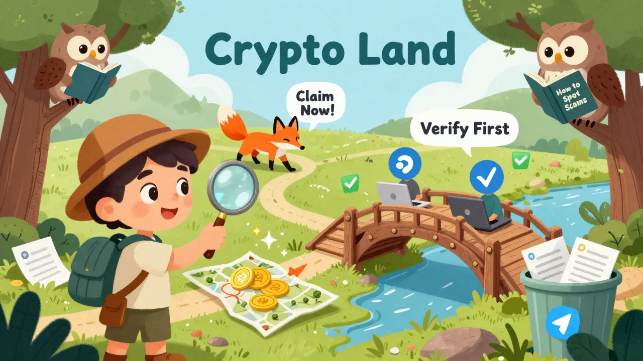 An explorer using a magnifying glass to distinguish between a scammy path with a sneaky fox and a trustworthy path with verified developers.