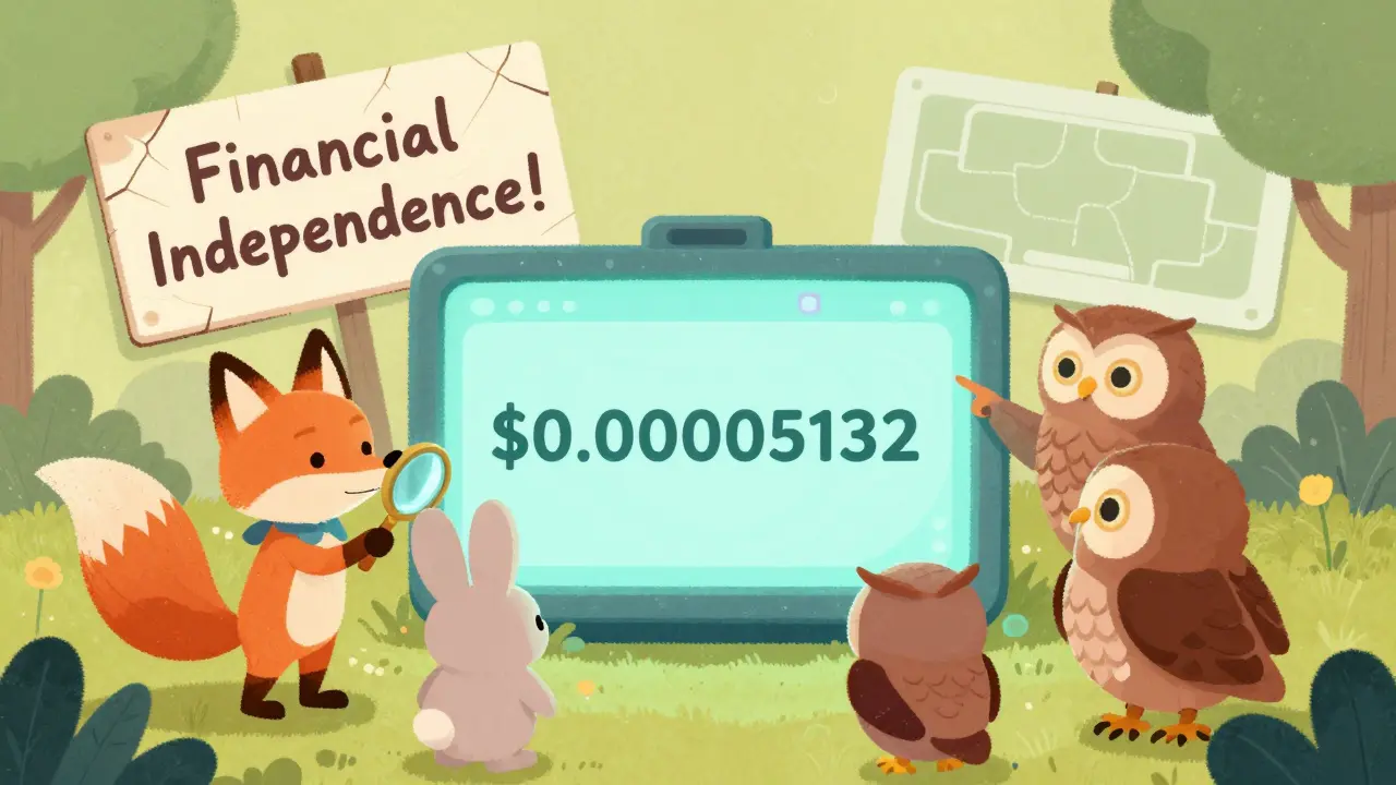 Animals examine a blockchain screen showing HOOD's low price, with no team or website in sight.