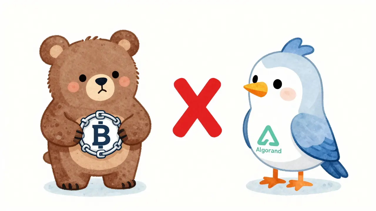 Bear and bird separated by red X, different blockchain symbols.