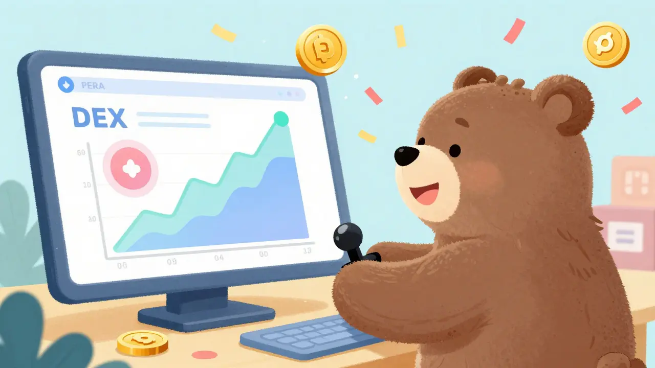 Bear trading tokens on DEX with PERA rewards raining down.