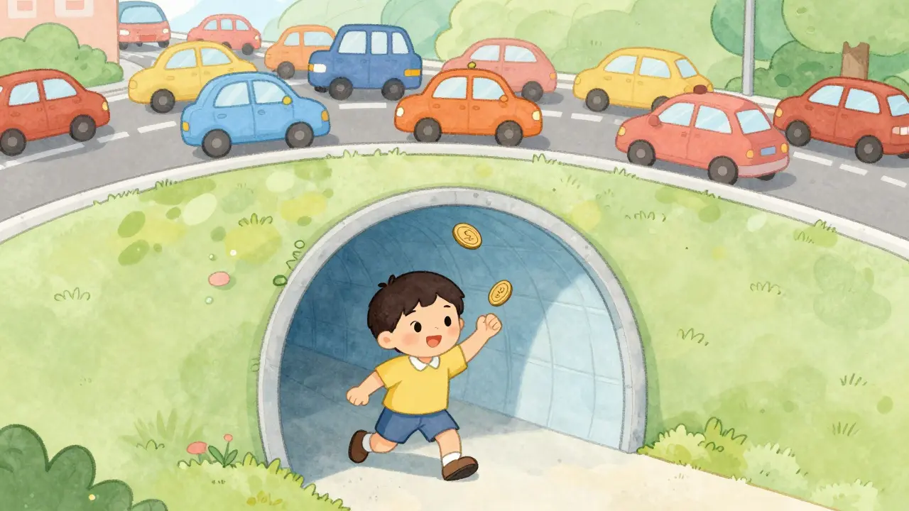 Child using a hidden tunnel to send a coin while traffic above is congested.
