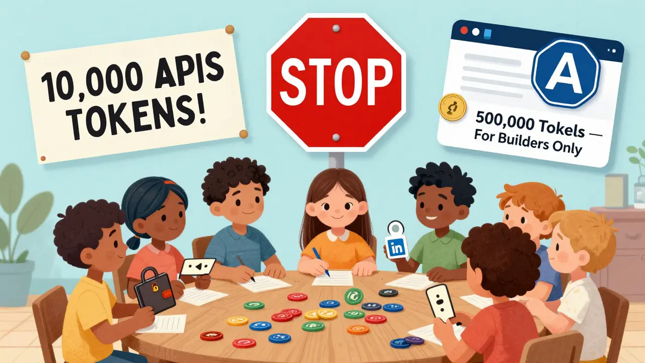 Children examining clues to identify real vs. fake airdrops, with a giant STOP sign over a fake APIS banner and a real Crypto APIs logo nearby.