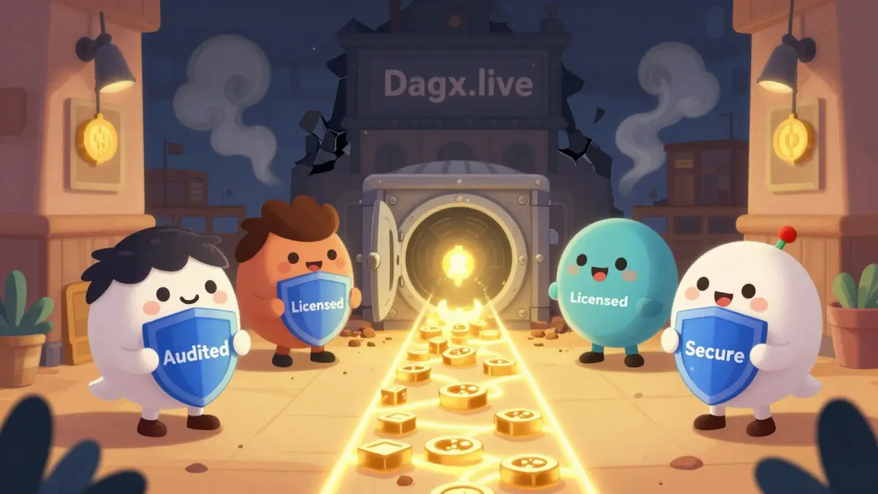 Friendly crypto platforms like Kraken and Coinbase stand securely beside a glowing vault, while Dagx.live fades into smoke.