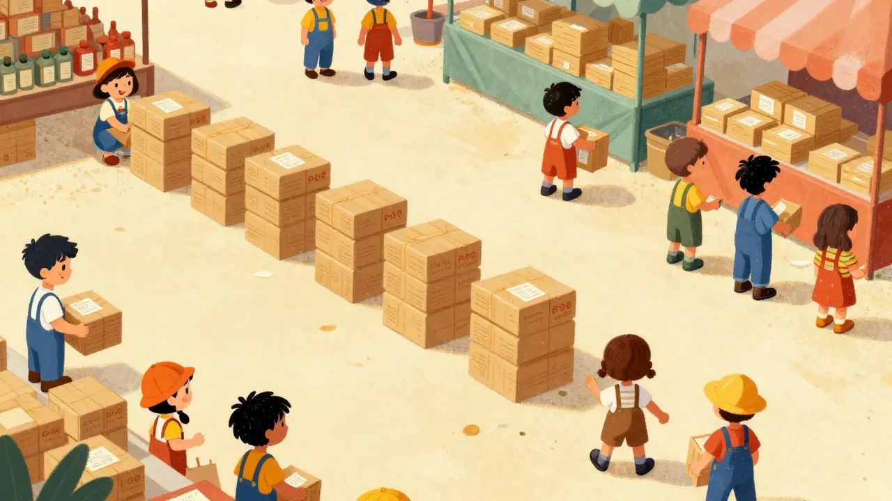 Miners sorting transaction packages by size in a marketplace setting.