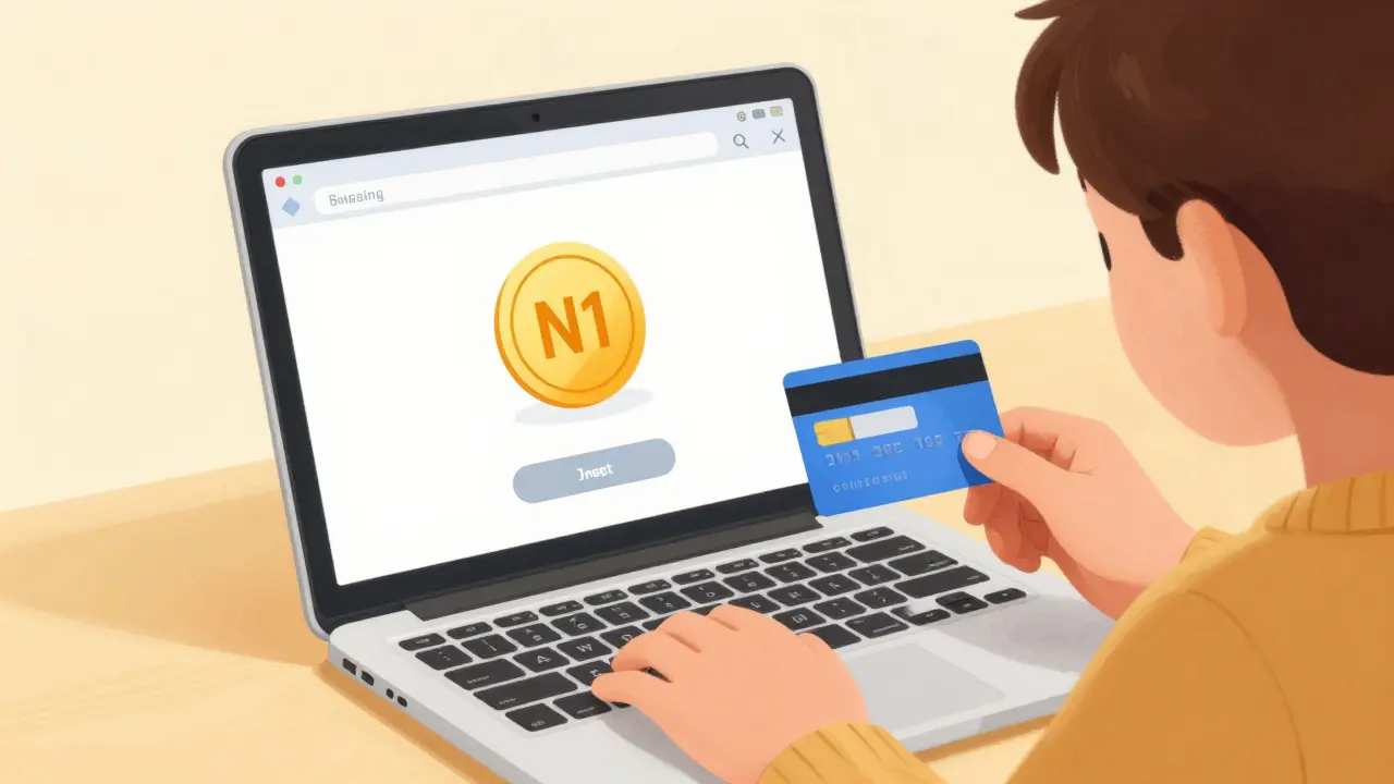 Person purchasing N1 tokens with credit card on trading platform