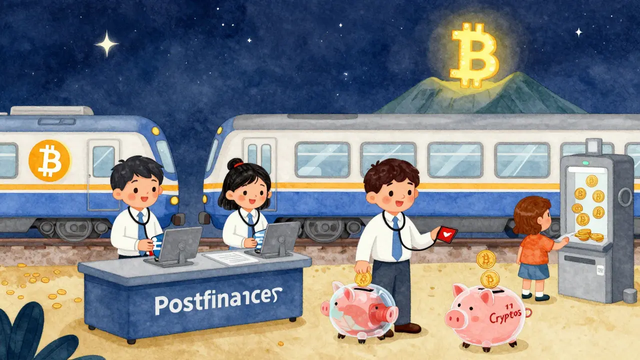PostFinance tellers helping customers deposit crypto into piggy banks, while a Bitcoin train passes by under a starry sky.