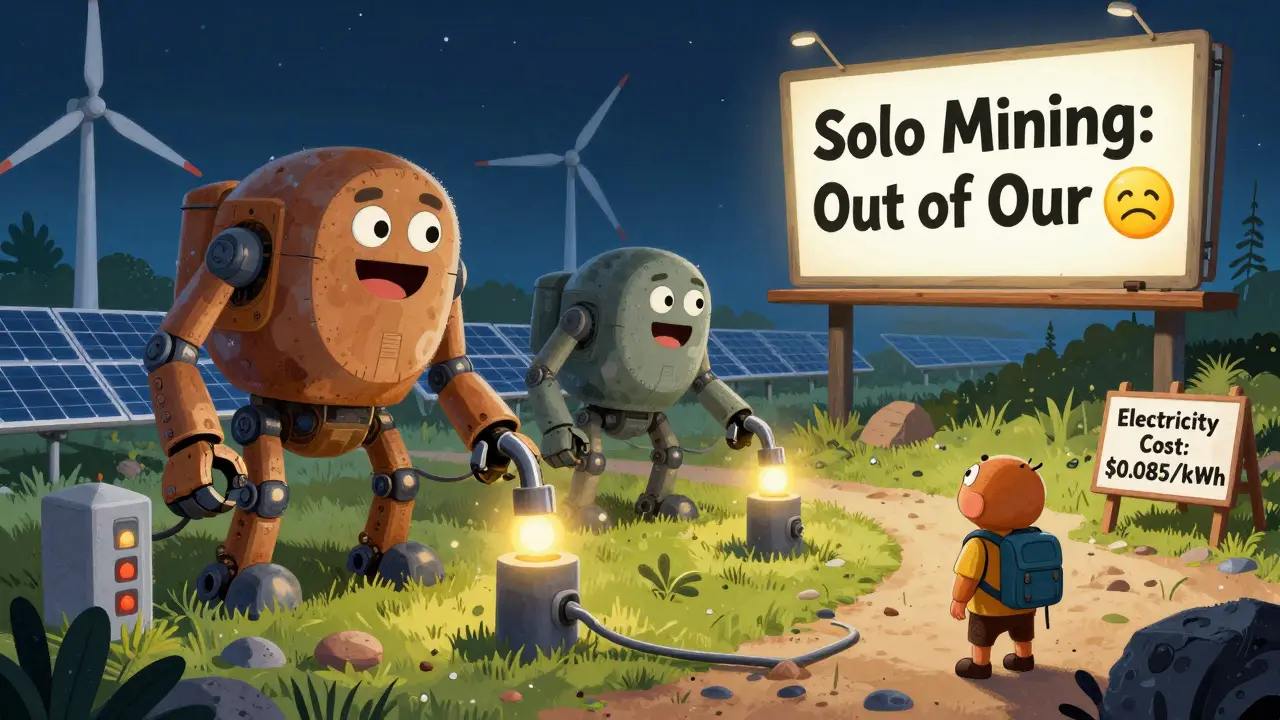Robotic miners plug into power outlets at a nighttime farm, with a sign showing rising electricity costs and a lonely solo miner looking up.
