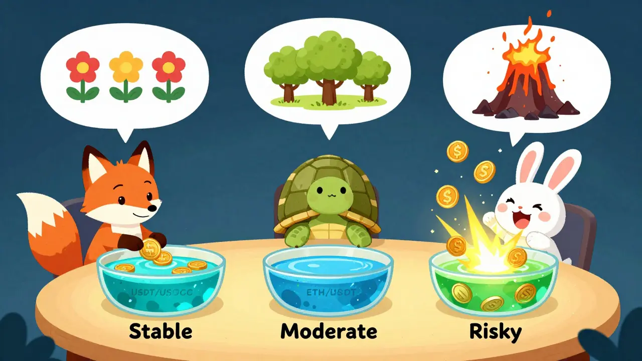 Three animal friends choose between stable, moderate, and risky liquidity pools with different outcomes.