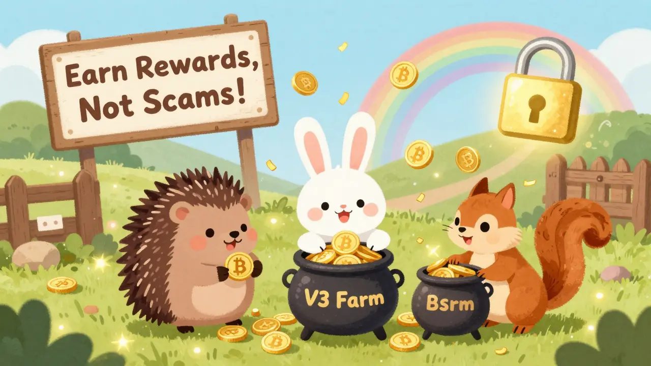 Three animals farm BSW tokens in a magical garden with golden rewards falling around them.