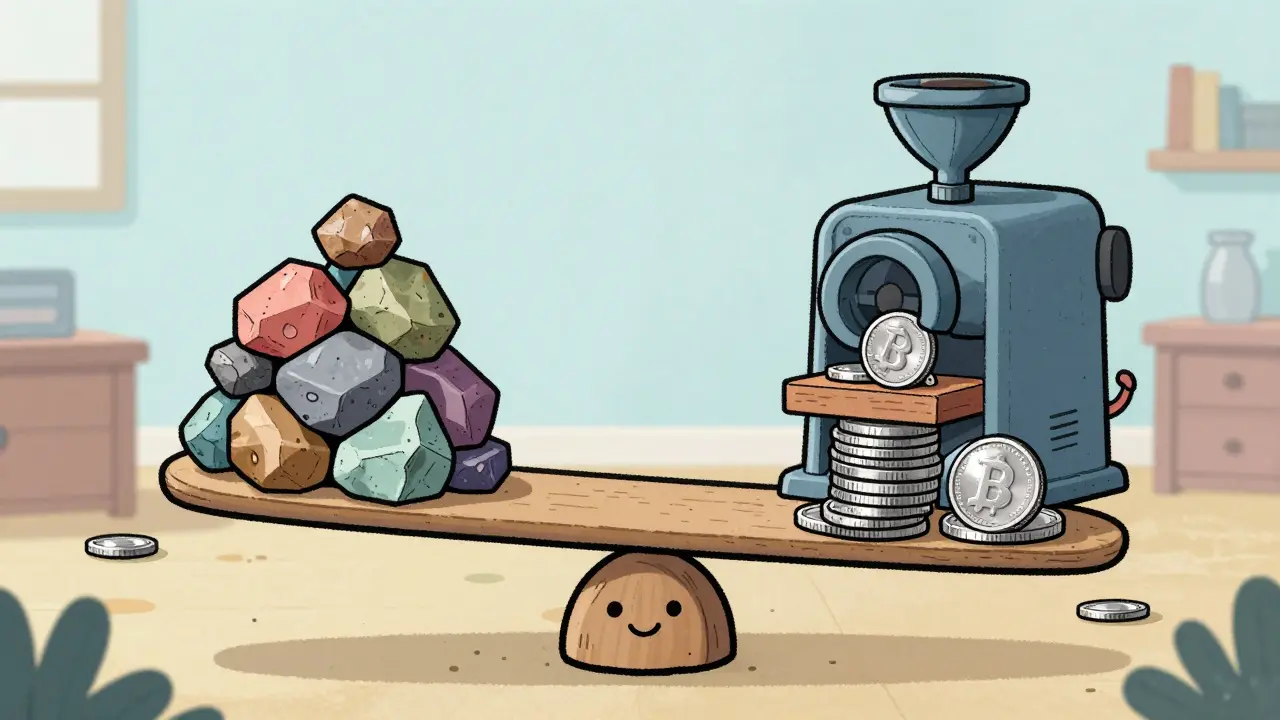 A balance scale weighing jagged rocks against smooth silver coins in a workshop.