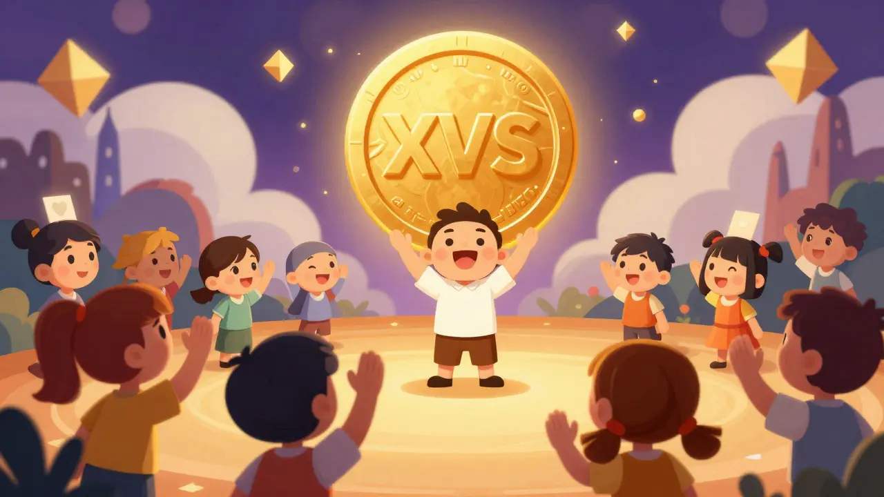 A character holding a glowing golden coin while others vote with raised hands.