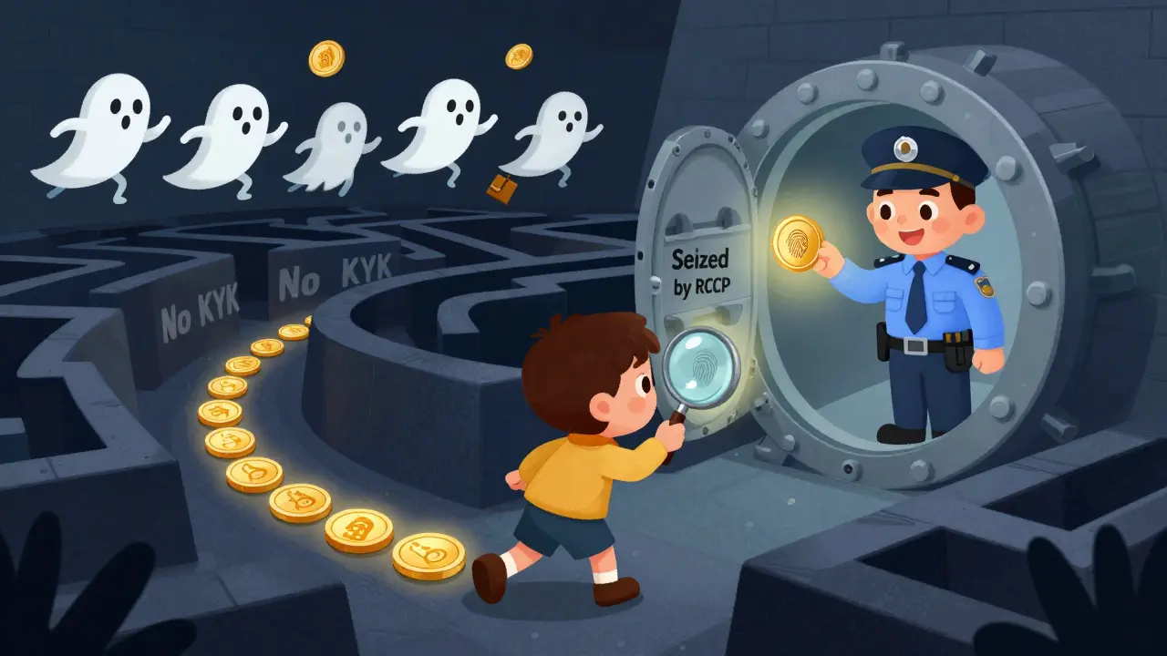 A child follows glowing Monero coins through a maze to a seized vault, watched by fleeing anonymous users, with a blockchain detective revealing a hidden fingerprint.