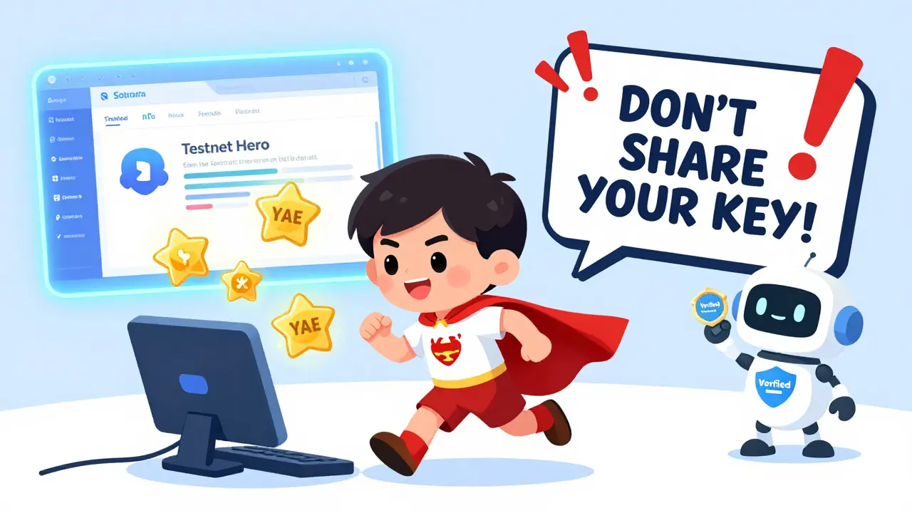 A child in a superhero cape runs a computer with Solana tokens, as a warning sign reads 'Don't Share Your Key!'