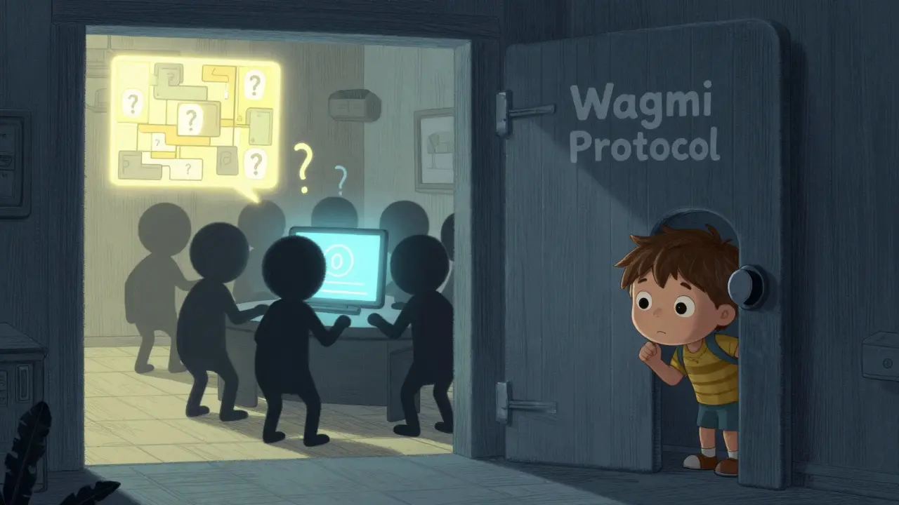 A child peeks into a dark room labeled 'Wagmi' where no transactions occur.