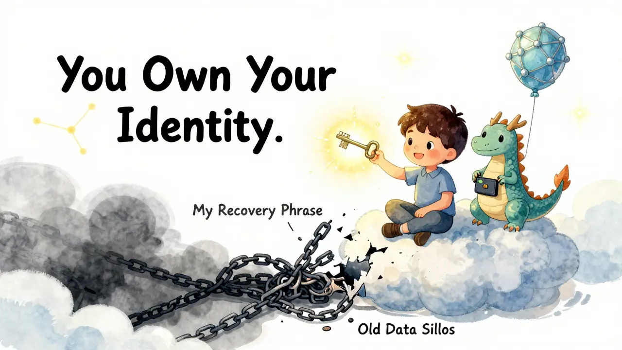 A child sits on a cloud holding a recovery key as old data chains break apart, with a dragon offering a blockchain balloon.