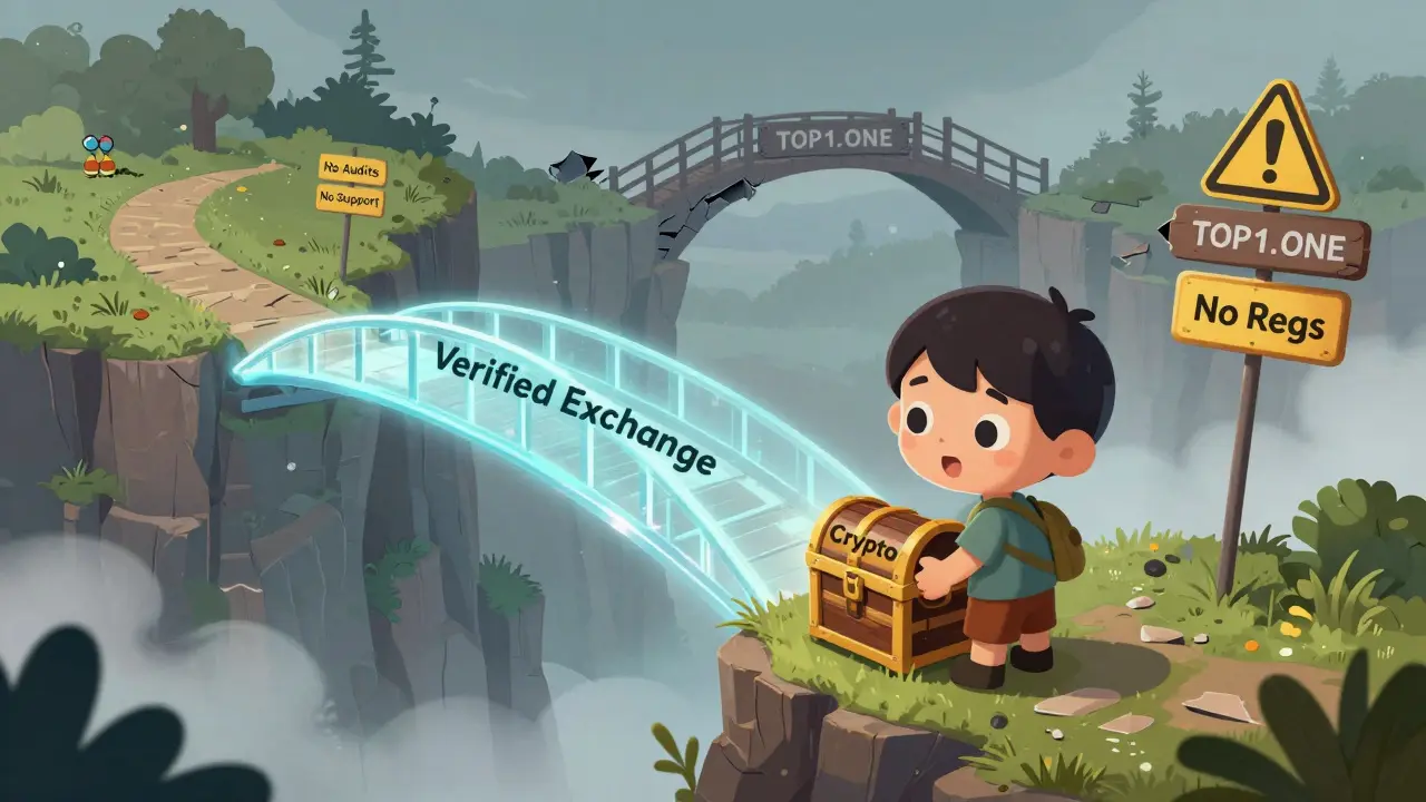 A child stands at a crossroads: one path leads to safe exchanges, the other to a crumbling bridge labeled TOP1.ONE.