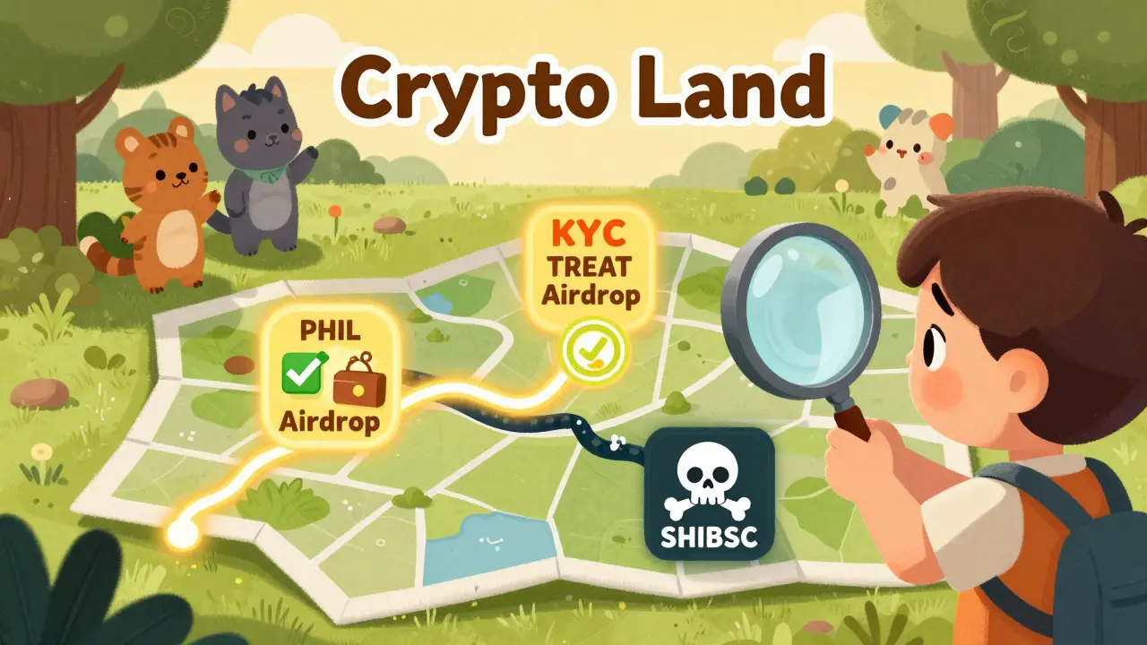 A child uses a magnifying glass to compare real airdrop paths with a dangerous SHIBSC path on a map.