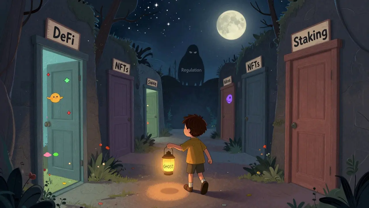 A child walks toward hidden private crypto worlds with a lantern labeled 'GHOST', while a shadowy regulator watches from afar.
