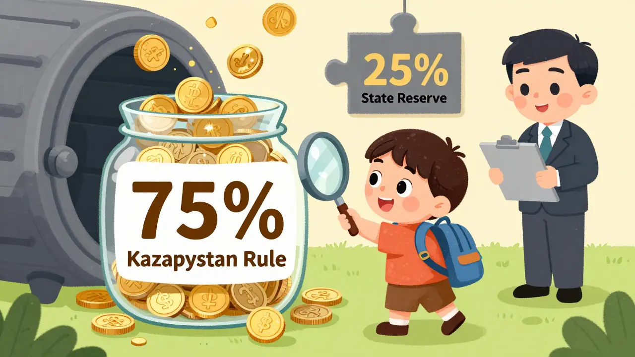 A child watches as 75% of crypto coins flow into a state vault, while only 25% stay in their backpack.