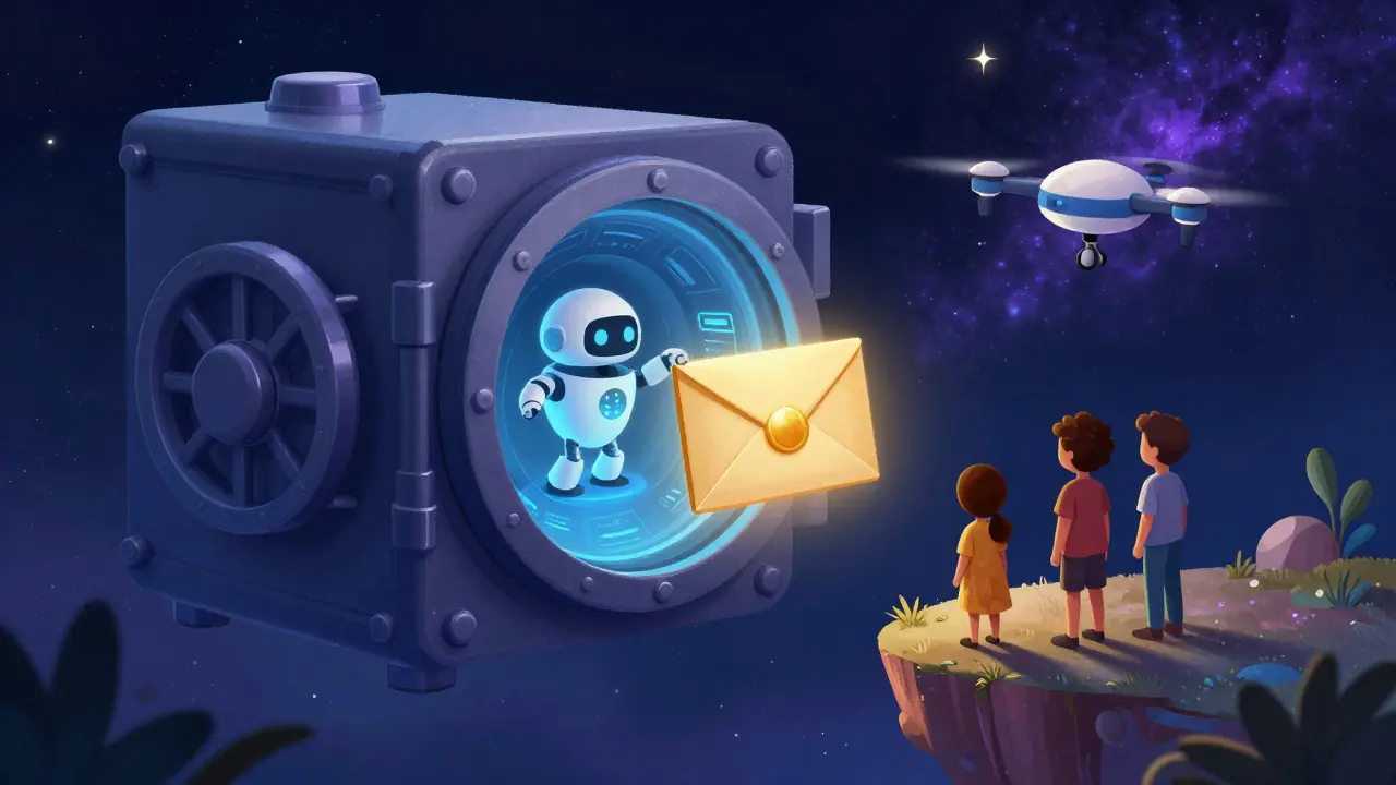 A cute robot delivering a digital legacy envelope in a starry space setting.