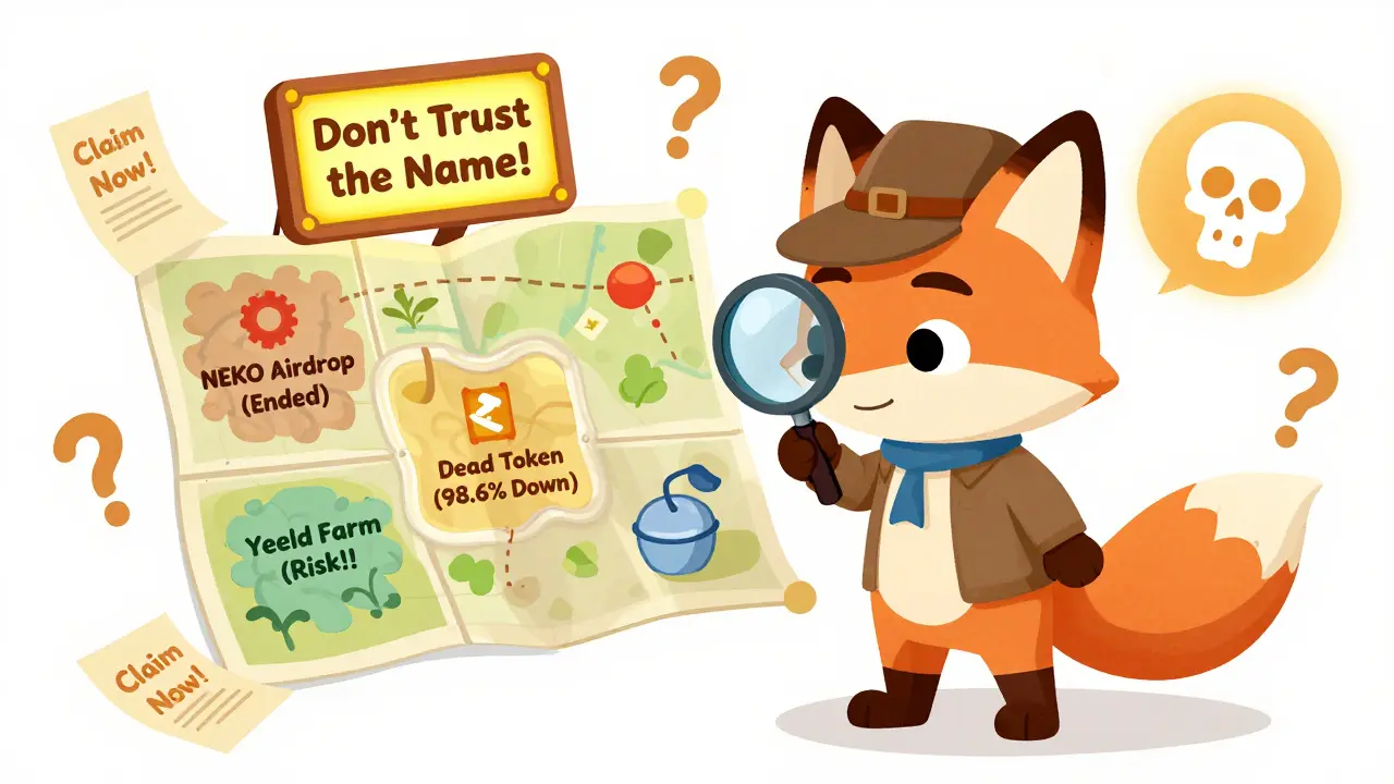 A detective fox examining faded treasure maps of failed NEKO projects with a skull-shaped warning sign.