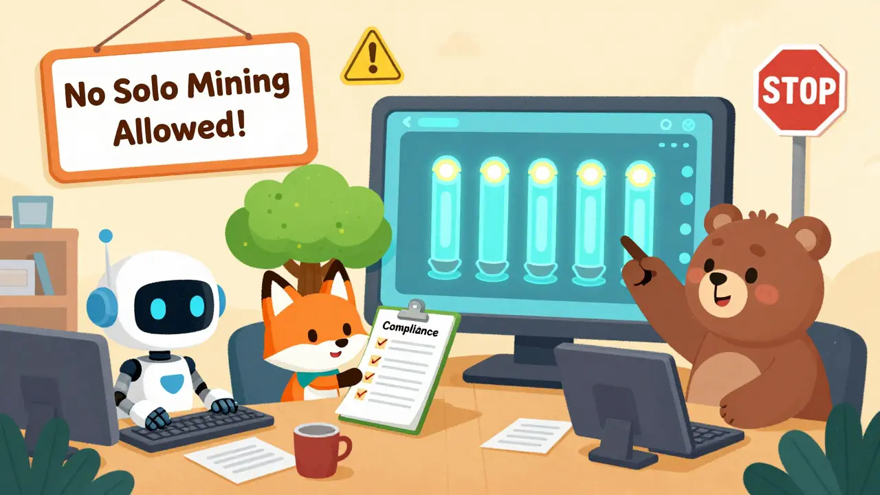 A diverse team works in an AIFC office, checking compliance rules near a diagram of five connected mining pools.