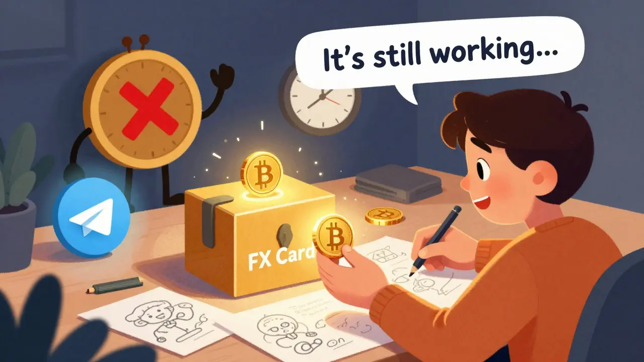 A freelancer receives crypto that becomes a locked box with a one-year deadline clock ticking beside it.