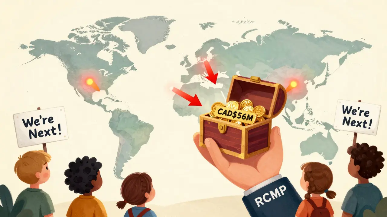 A global map shows arrows leading to Canada, where a giant hand lifts a treasure chest of seized crypto coins, while other nations watch with warning signs.