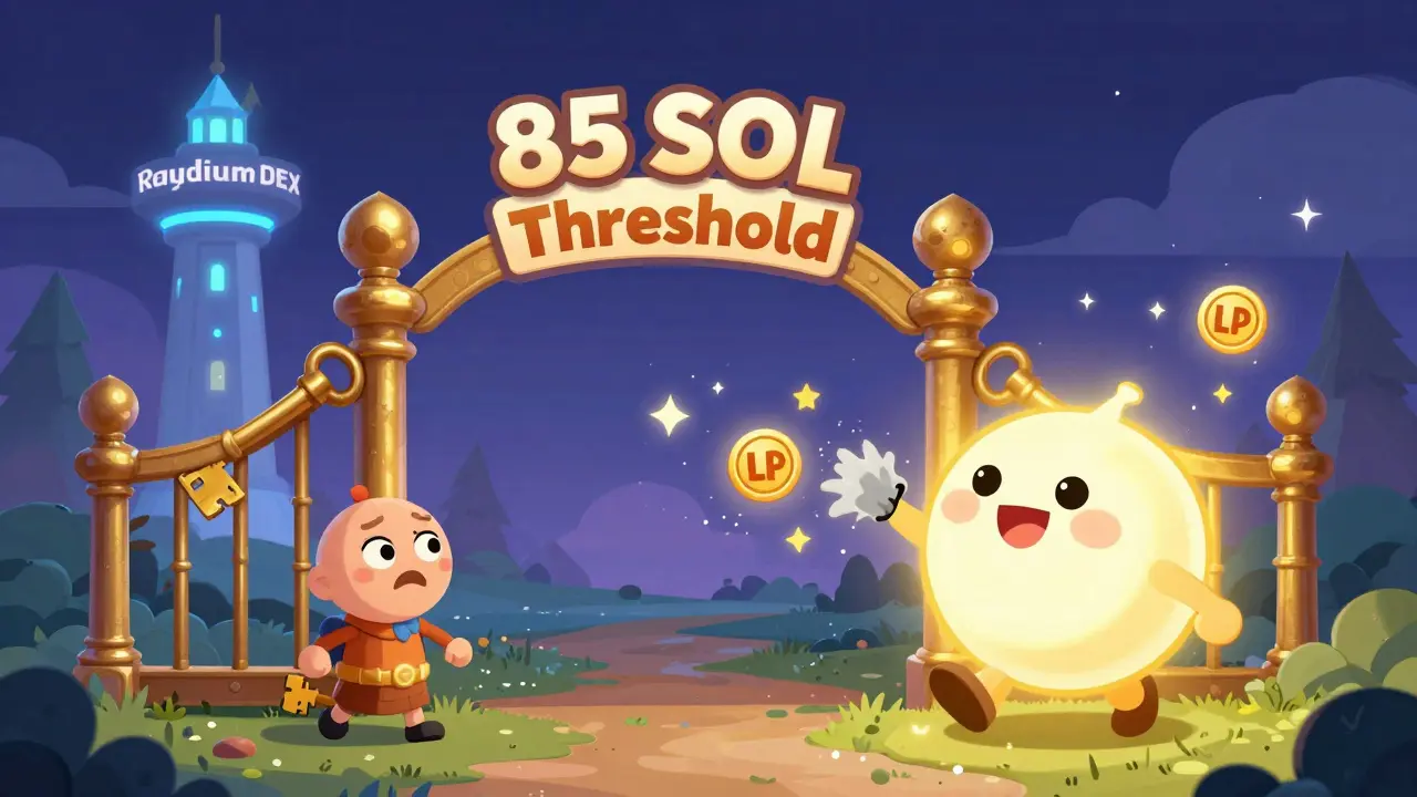 A golden gate labeled '85 SOL Threshold' with one token passing through as liquidity vanishes into sparkles.