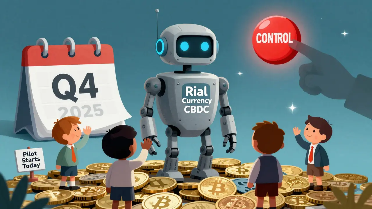 A gray CBDC robot towers over fading crypto coins as a calendar flips to Q4 2025 with a 'CONTROL' button being pressed.