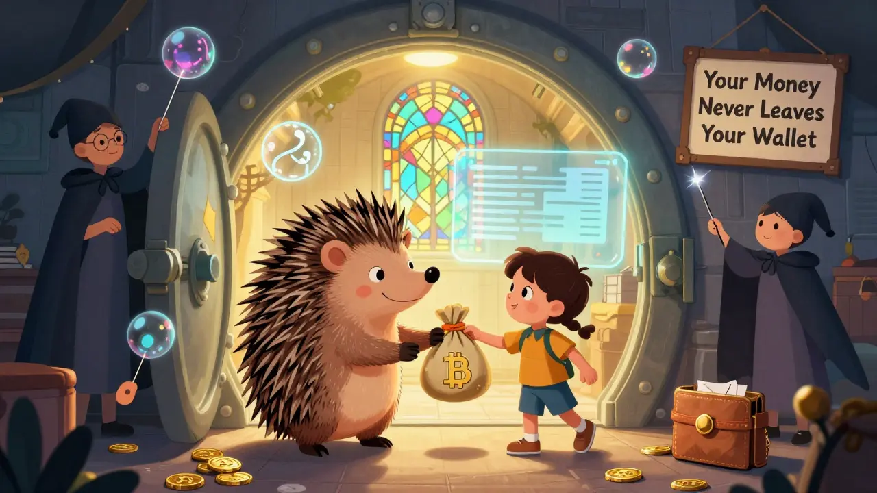 A hedgehog returns coins to a child from a floating wallet with no locks.