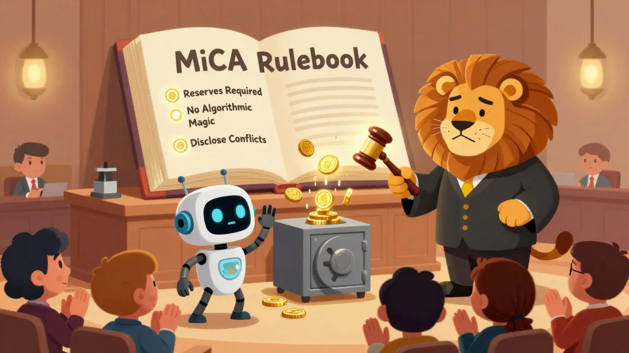A judge lion stops a robot from launching an unbacked stablecoin, with rules glowing from an open book above a vault.