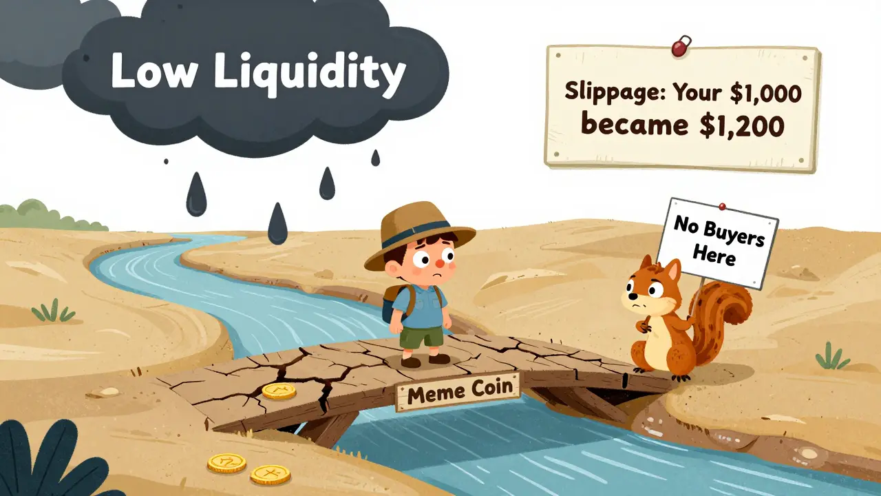 A lonely explorer on a broken bridge over a dry river, representing low liquidity and slippage.