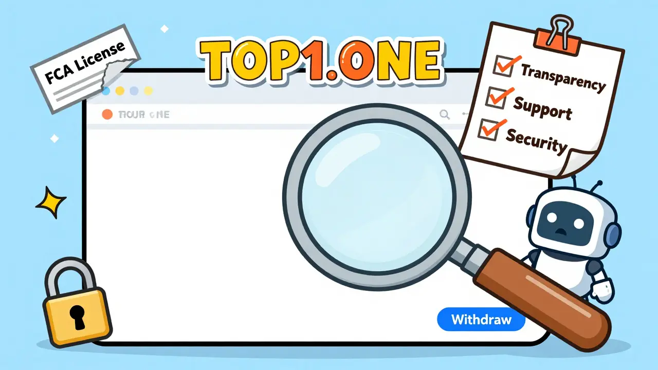 A magnifying glass reveals empty promises on a blank webpage, with warning signs floating around it.