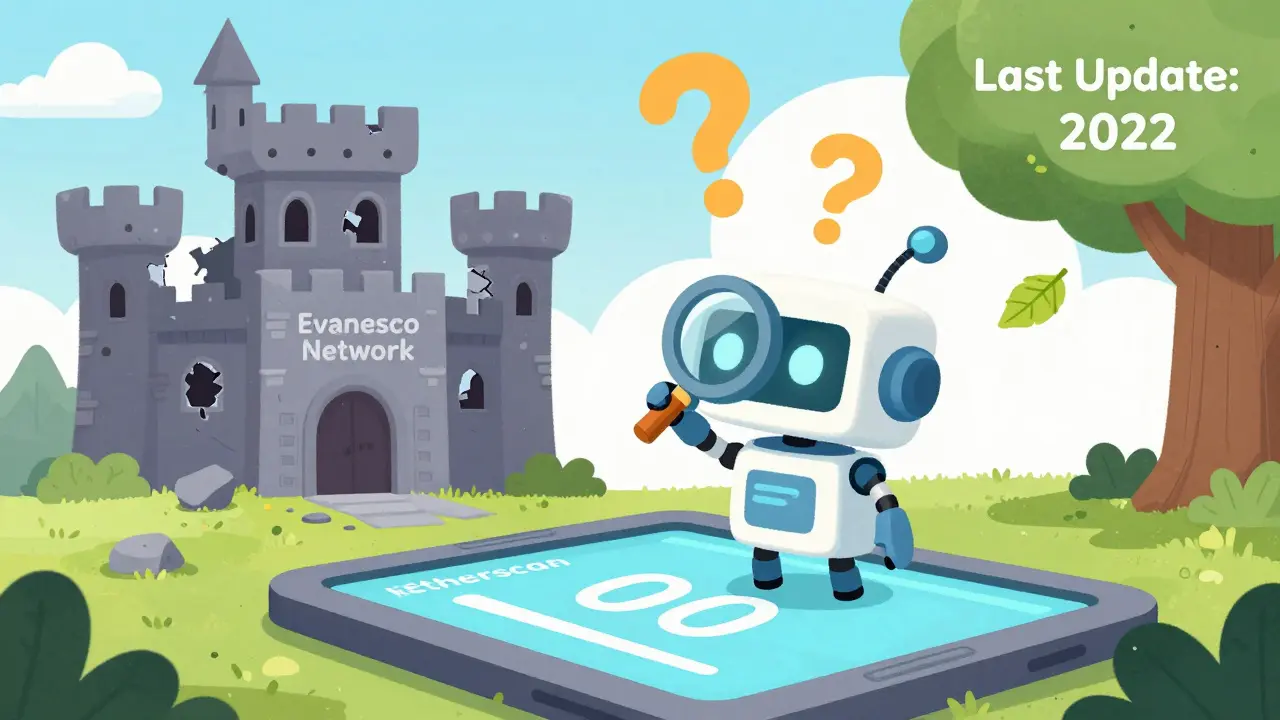 A robot examines a zero-transaction Etherscan screen beside a crumbling castle labeled 'Evanesco Network'.