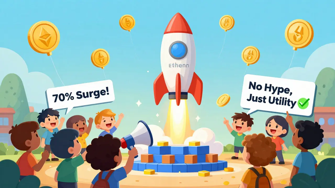 A rocket labeled 'Ethena ENA' launching from Ethereum blocks, with USDe balloons and excited traders from major exchanges.