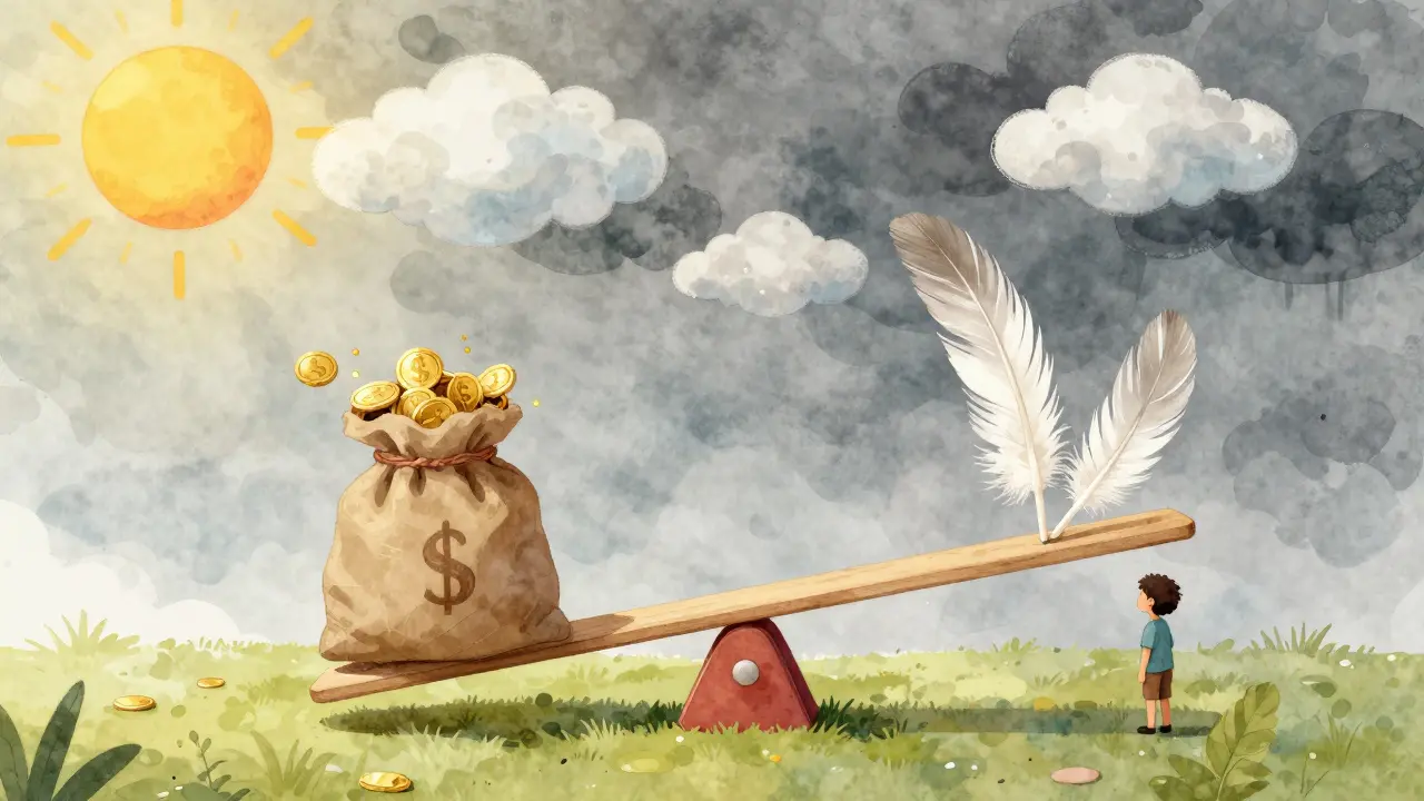 A seesaw with gold coins representing market price volatility illustration.