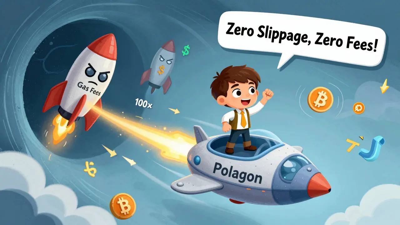 A spaceship labeled 'Polygon' flies past slow rockets with gas fees.