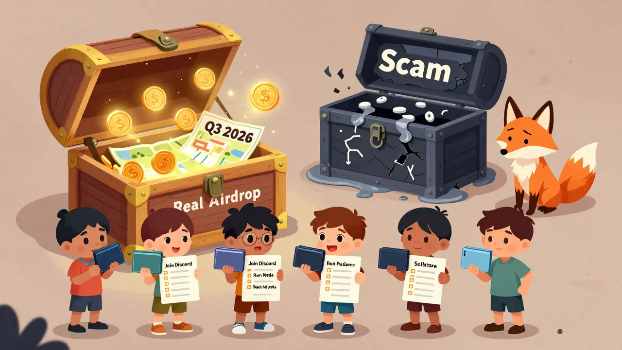 A treasure chest opens to reveal YAE tokens, while children hold Solana wallets with checklists, beside a broken scam chest.