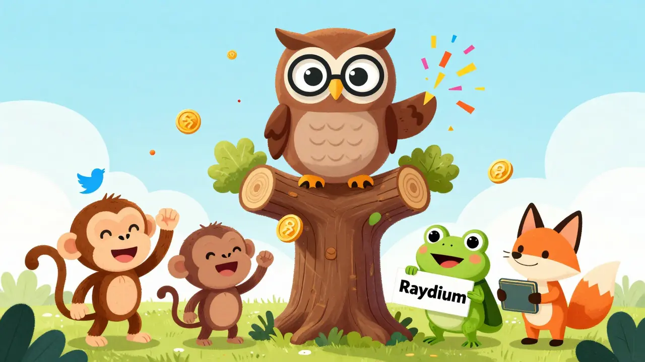 A wise owl named Raydium giving out referral confetti to animal creators under a blockchain tree.