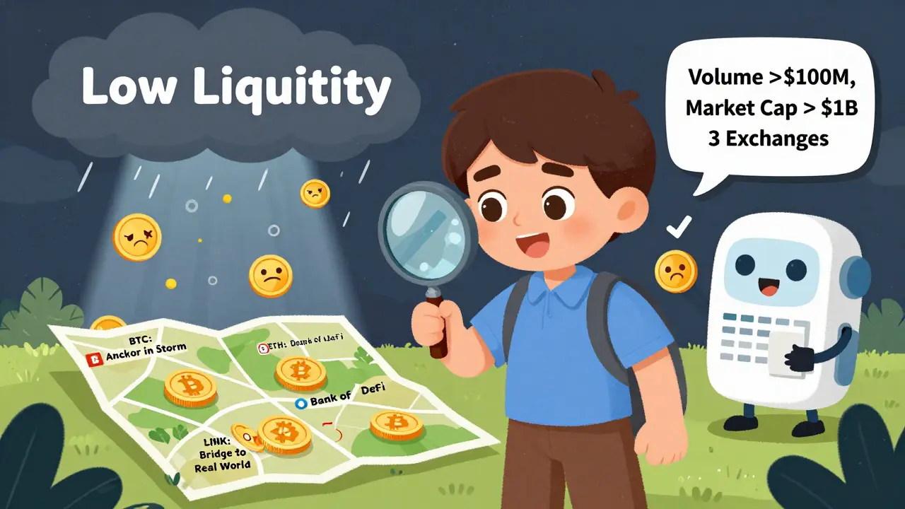 A young trader examining a map of crypto coins with labeled landmarks, while a storm cloud looms over risky tokens.