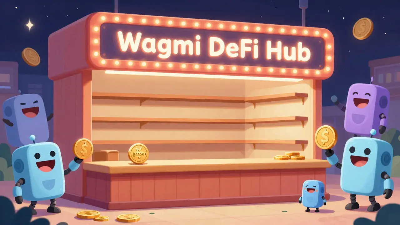 An empty DeFi store with one coin on the counter as other exchanges thrive outside.