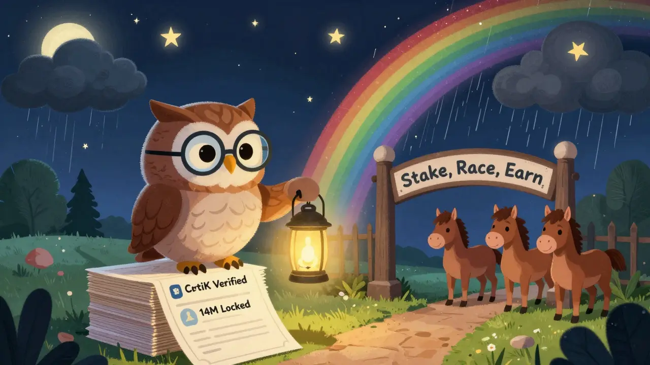 An owl guides kids to legitimate ways to earn DFH tokens while warning off scam clouds.