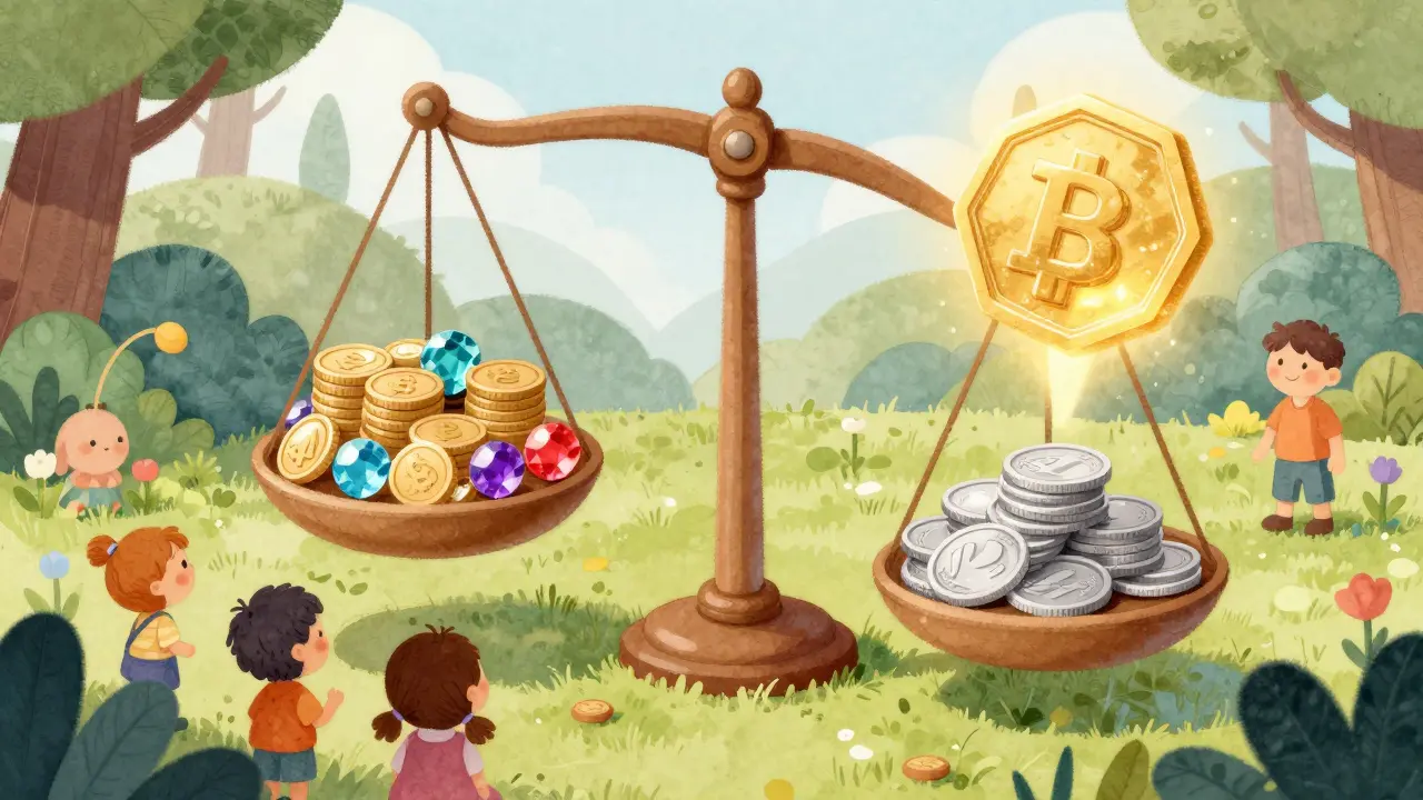 Balance scale showing crypto collateral and stablecoins in a garden.