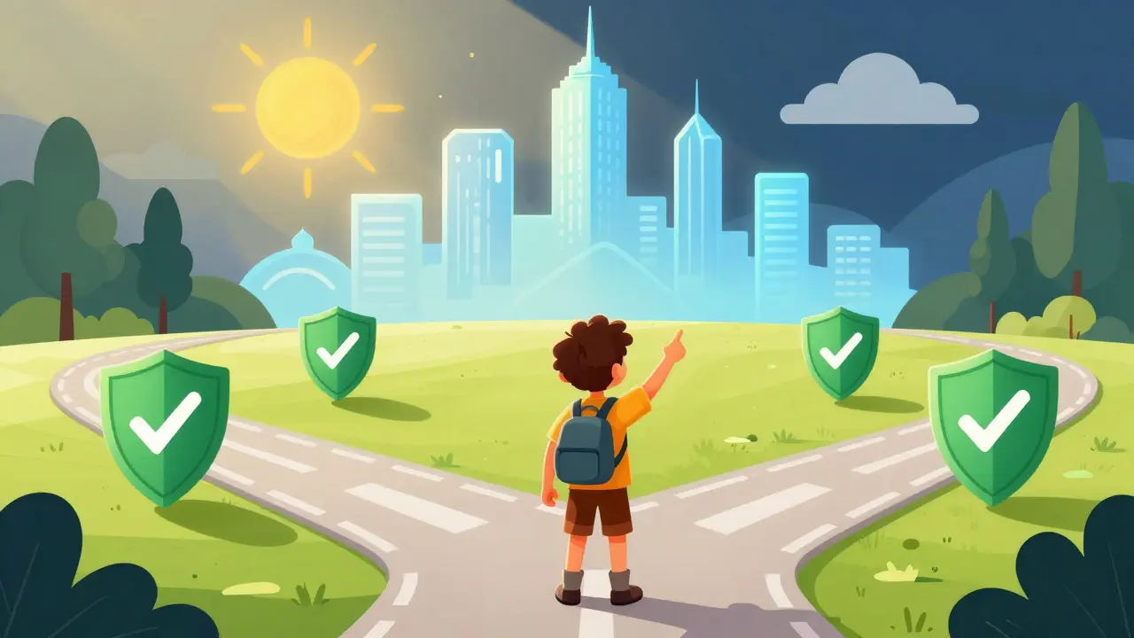 Bright path to safe city with security shields drawn simply