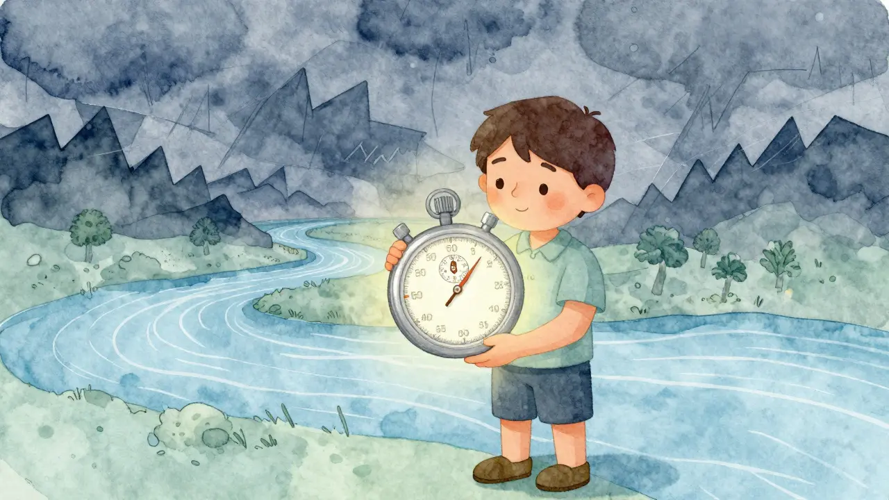 Calm character holding a stopwatch as stormy charts turn into waves.