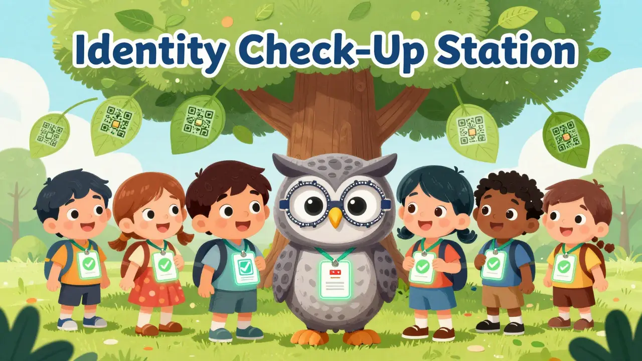 Children at a whimsical identity station each hold glowing credentials, while institutions behind them no longer store data.